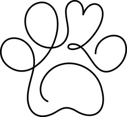 Dog or cat paw footprint and heart in continuous one line drawing logo. Minimal line art. Animal in heart. Pets love concept monoline