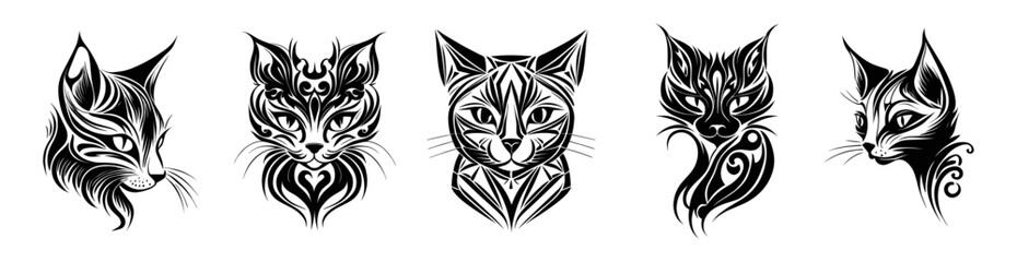 Cat tattoos on white background. Set of cats silhouettes. Cat head in black and white ornament. Vector illustration for tattoo, stickers, cards, t-shirt design etc.
