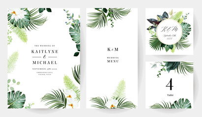 Tropical flowers and leaves vector design cards. White orchid, magnolia, dried fern, emerald monstera
