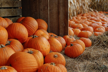 pumpkins on a farm, Big pile of pumpkins laying on the hay in front of the  wooden fence and dried maize