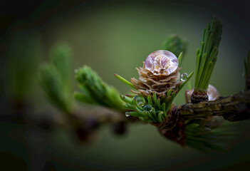 Extreme close up of a young larch cone with rain droplets and clusters of early needles; Calgary, Alberta, Canada