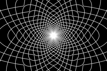 Abstract wireframe tunnel. The white line rotates flower on the black background. Vector illustration.