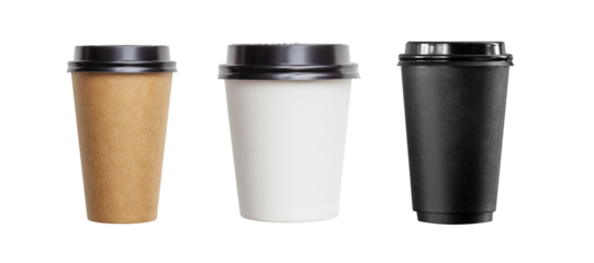  Set of paper, recyclable, disposable cups with lids for drinks. Coffee, tea cup muck ups. Different color templates isolated on white.