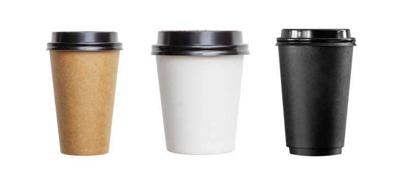  Set of paper, recyclable, disposable cups with lids for drinks. Coffee, tea cup muck ups. Different color templates isolated on white.