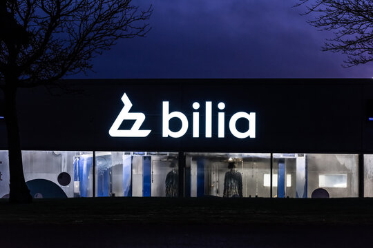 Gothenburg, Sweden - January 16 2022: Bilia sign on the facade of a car wash.