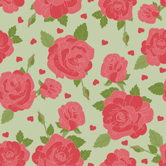 Valentines Day Red Rose Hearts Love Green Seamless Pattern