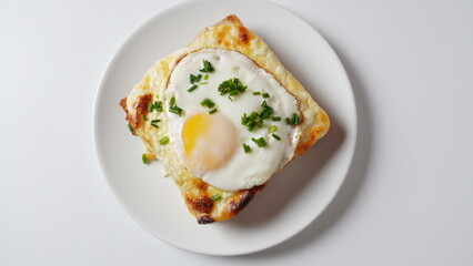 Hot French Traditional Croque madame sandwich for breakfast. Melted cheese and a fried egg on the top