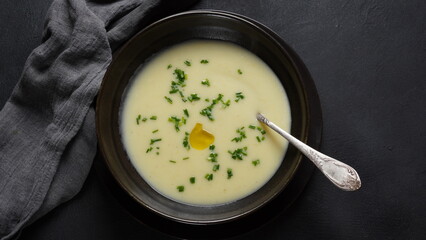 Vichyssoise, classic French chilled cream soup  - potato leek, and  onion topped with chopped chives