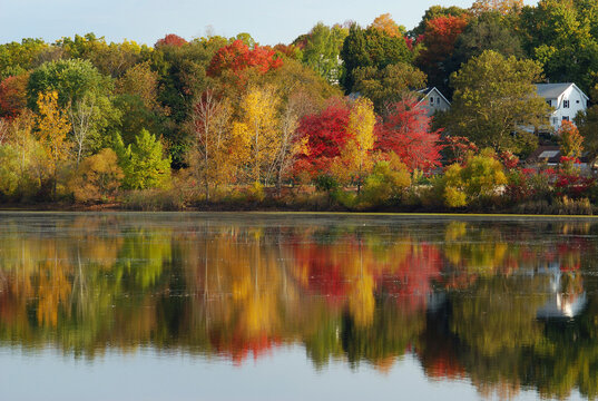 Fall foliage reflected in the Arlington Reservoir.; Arlington, Massachusetts.