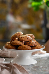 Fototapeta premium Chocolate chip cookies with chocolate chips on a tray.