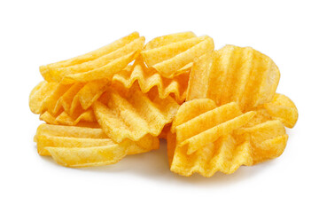 Close-up of delicious fluted potato chips, isolated on white background