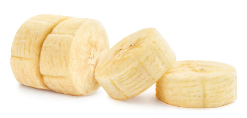 Delicious banana slices close-up, isolated on white background