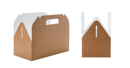 An open cardboard container with a handle for delivering food or things on a white background....