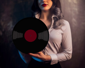 Woman holding vinyl records. Vinyl record fashion, concept. (Generative AI)