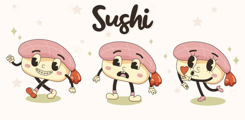 Sushi set illustration in retro cartoon style with sushi lettering. Sushi mascot emotional characters 