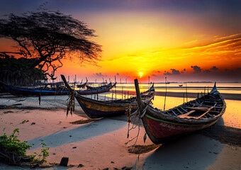 Traditional fishing boat on the shore at sunset, in Thailand
Generative ai