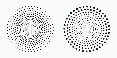 Halftone logo set. Circular dotted logo isolated on the white background. Garment fabric design set. Halftone circle dots texture, pattern, background. Vector design element. Vector illustrations.	