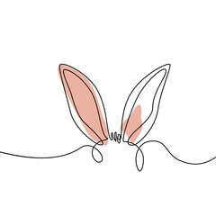 Rabbit. Continuous one line drawing of the head and ears of the Easter Bunny. Design in art style with rabbit. Minimalist outline Easter card. illustration Vector isolated on white background.