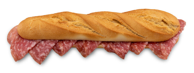 Mini baguette with salami sausage, sandwich isolated on white, clipping path