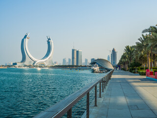 Lusail park promenade and buildings in Doha, Qatar - obrazy, fototapety, plakaty