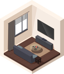 isometric living room with tv and sofa, vector illustration