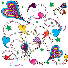 A String of colorful abstract hearts isolated on a white background with stars and polka dots.