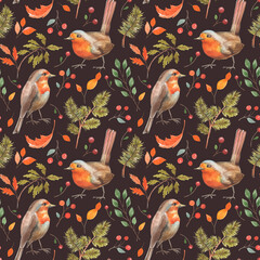 Watercolor seamless pattern with orange birds on brown background. Botanical wild life illustration for textile, decor and wrapping paper.  