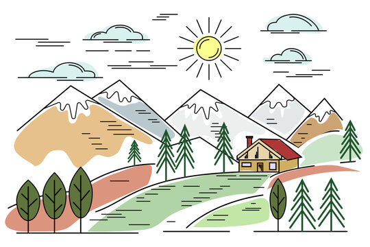 Mountain landscape, mountain hut, spruce, trees. forest landscape. Flat line style painted with colored spots. Mountain resort, travel, vacation. Vector illustration on a white background.