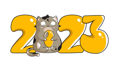 Cute cartoon dark gray cat with an inscription from the numbers 2023.