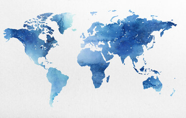 A world map drawn in blue watercolor