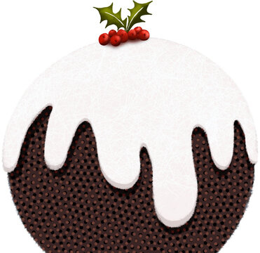 Hand drawn Christmas pudding covered in textured icing topped with sprig of green holly with red berries. Isolated from background, png.