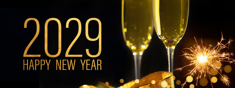 2029 Happy New Year holiday Greeting Card banner - Sparkling wine or champagne glasses, sparkler and bokeh lights on black night sky texture background