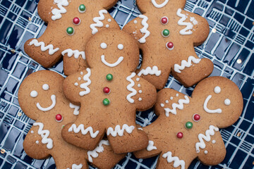 Gingerbread cookies on a blue plate. Gingerbread cookies for Christmas