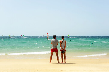 Windsurfing at Los Lances beach in Tarifa, Cadiz coast, Spain