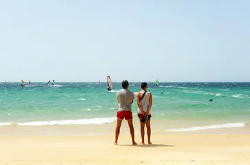 Door stickers Bolonia beach, Tarifa, Spain Windsurfing at Los Lances beach in Tarifa, Cadiz coast, Spain