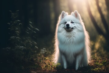 illustration of a white fluffy dog, American Eskimo dog 