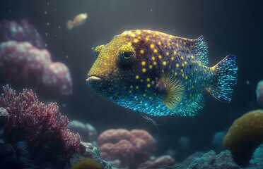 illustration of colorful tropical fish underwater with light shine through water ripple 