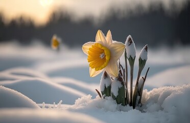 illustration of blossom yellow daffodil covered with snow, snow fall,