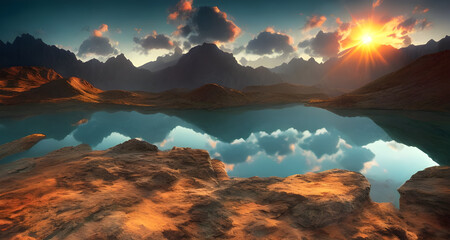 Ai Digital Illustration Magnificent Landscape With Lake And Mountains	
