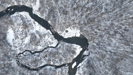River delta floodplain winter snow meander drone aerial inland video shot in sandy sand alluvium...