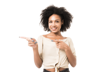 Portrait of a smiling woman with curly hair on a transparent background shows a gesture with her hands