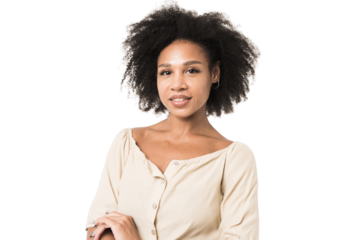 Portrait of a smiling woman with curly hair on a transparent background