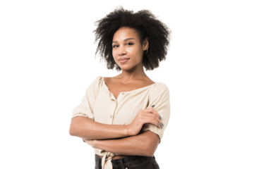 Portrait of a smiling woman with curly hair on a transparent background