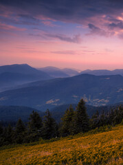 Plakat wesome sunset landscape, beautiful morning background in the mountains, Carpathian mountains, Ukraine, Europe
