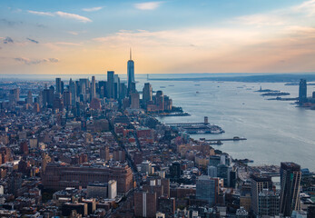 Fototapeta premium A view of New York City from 100 stories up. You are seeing downtown Manhattan, the Hudson River, in the distance the Statue of Liberty.