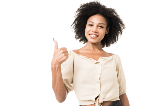 Portrait of a smiling woman with curly hair on a transparent background shows a gesture with her hands
