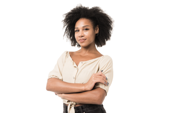 Portrait of a smiling woman with curly hair on a transparent background