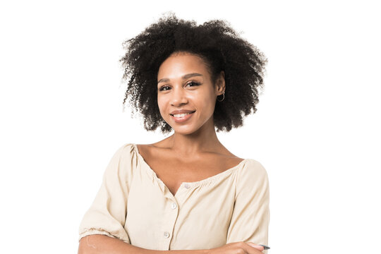 Portrait of a smiling woman with curly hair on a transparent background