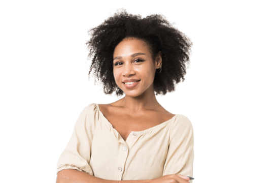 Portrait of a smiling woman with curly hair on a transparent background