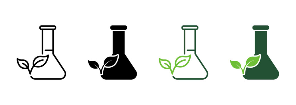 Flask with Leaf Line and Silhouette Icon Color Set. Biology Research Experiment. Equipment for Chemical Symbol Collection on White Background. Organic Scientific Lab. Isolated Vector Illustration